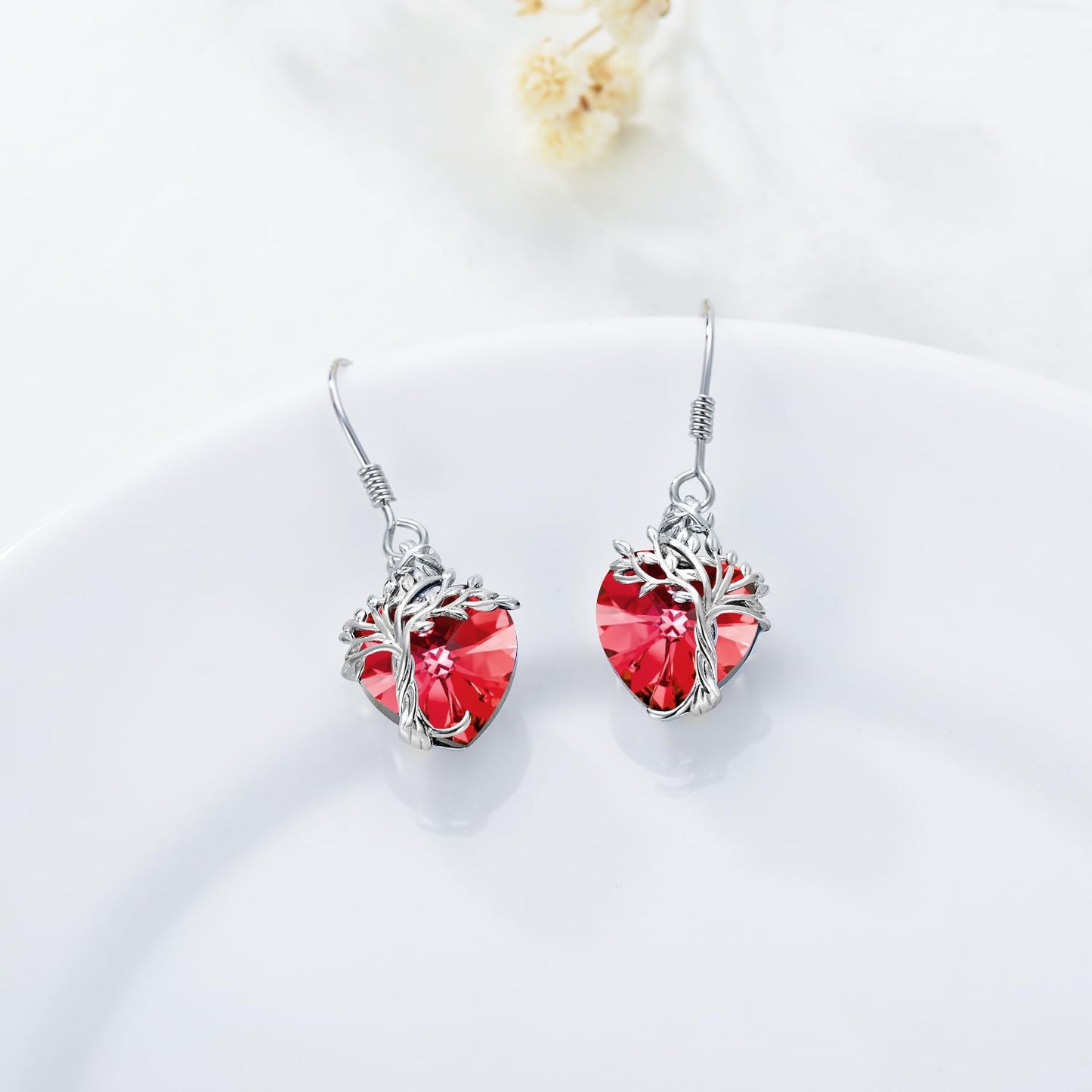 TOUPOP Heart Ruby Earrings Sterling Silver Tree of Life Earrings July Birthstone Jewelry Birthday Mothers Day Gifts for Women Mom Her
