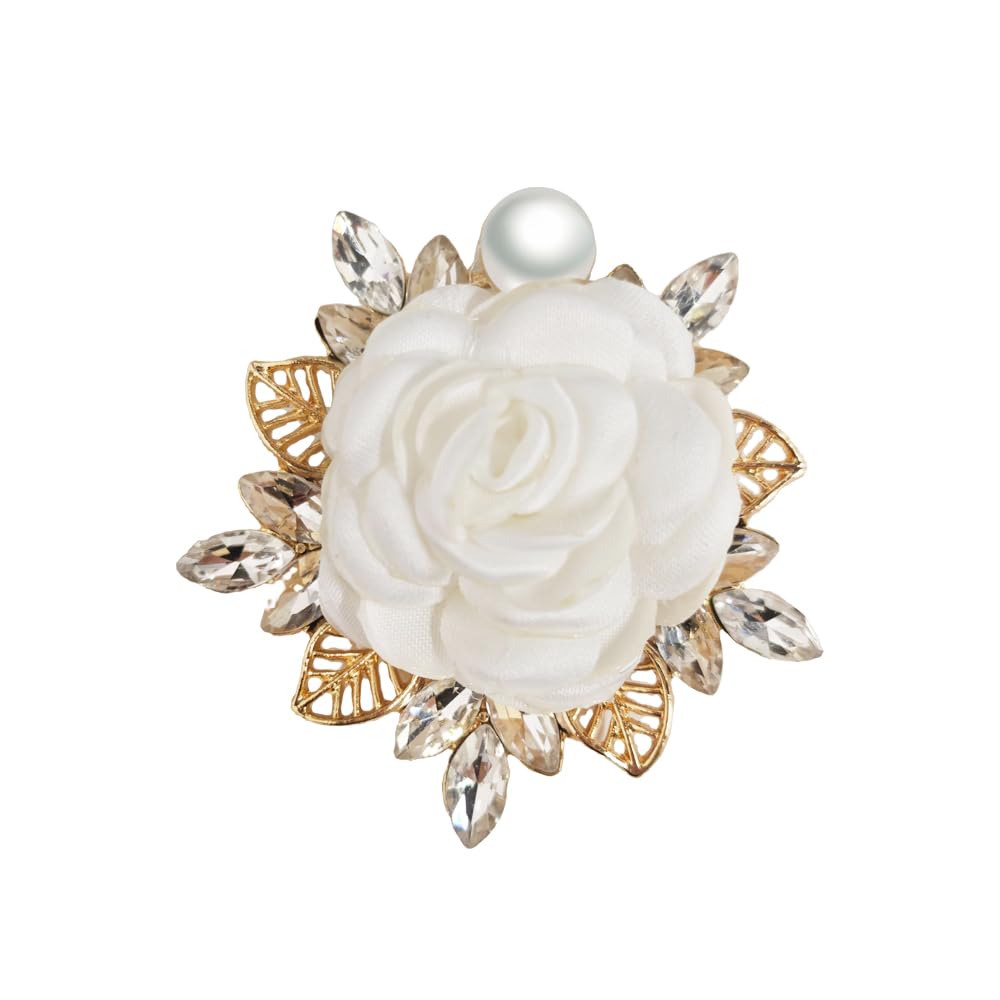 Elegant Rose Flower Brooch Pin for Women Men Wedding Party Gentleman's Essentials Handmade Imitation Crystal Pearl Fabric Flower Lapel Pin Dress Suit Accessories Boutonniere Ideas Gift (White)