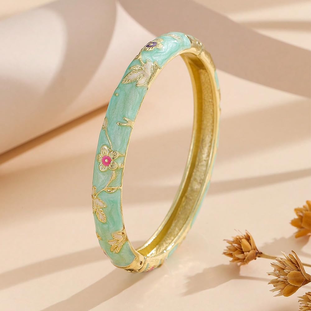 BlingNook Cloisonne Bracelet For Women, Chunky Bangle Trendy Cute Flower Enamel Bangles Multi Tone Engraved Cuff Gold Plated Bracelets Stackable Wife Jewelry Friendship Gift (Pink, One Size)
