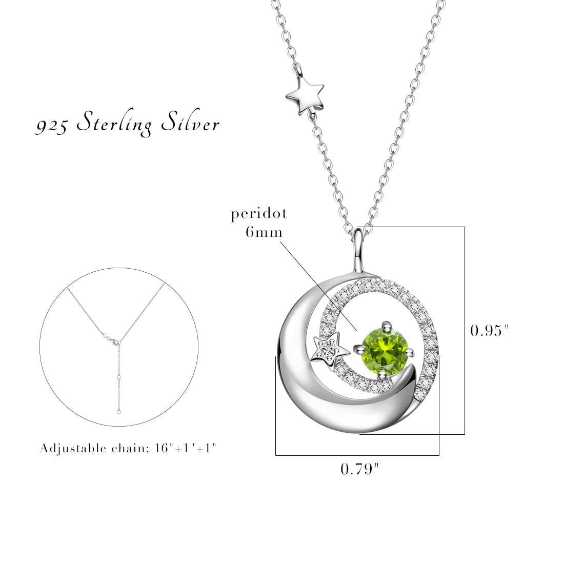 FANCIME August Birthstone Necklaces for Women Moon Star Pendant Peridot Necklace Sterling Silver Green Jewelry Birthday Anniversary Mothers Day Gifts for Mom Women Daughter, 16"+2"