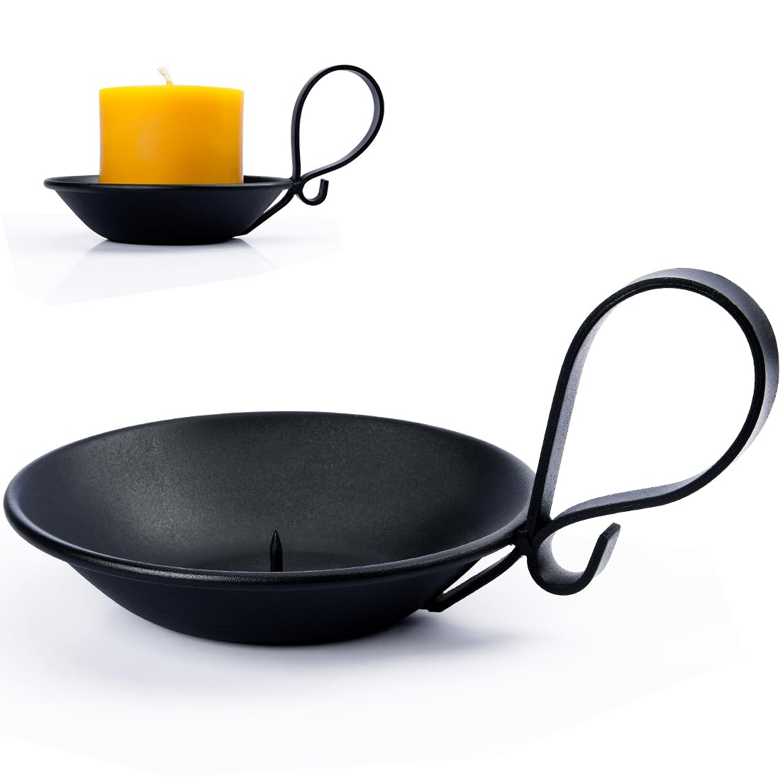 AGLARY Matte Black Iron Pillar Candle Holder, with Handle, Simple Industrial Style ，Table Centerpiece Decoration，with Safety Spike.