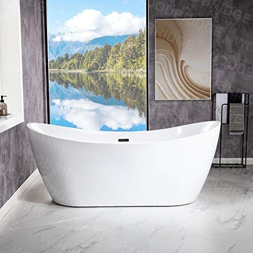 WOODBRIDGE 71" Acrylic Freestanding Bathtub Contemporary Soaking Tub , White Acrylic ( Matte Black Drain/Overflow),B0017 MB Drain &O