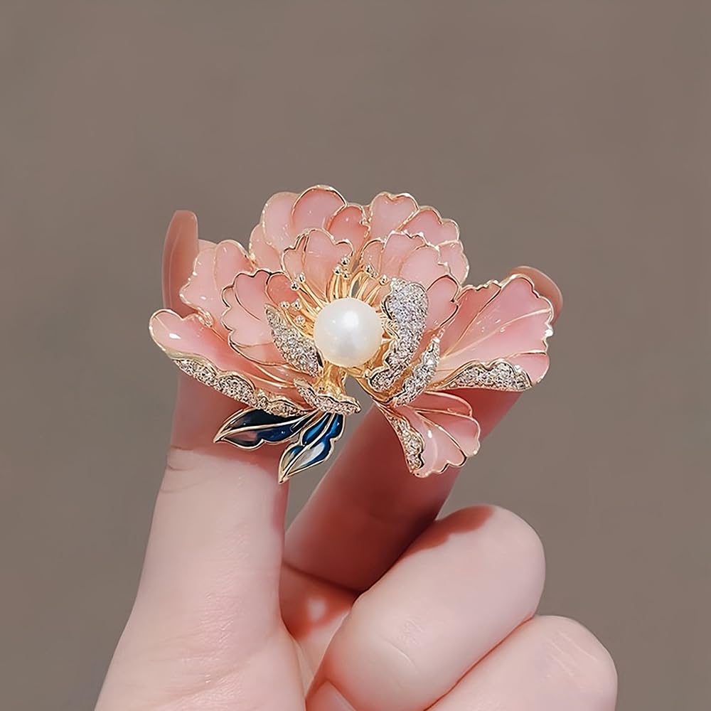 Dainty Flower Brooch Pins for Women Graceful Cubic Zircon Peony Pearl Enamel Badges Lapel Pins Trendy Banquet Prom Dress Jewelry Accessories Gift (Pink)