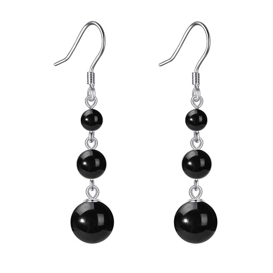 925 Sterling Silver Black Onyx Dangle Earrings Three Balls Drop Jewelry Birthday Gifts for Women (Black Onyx)