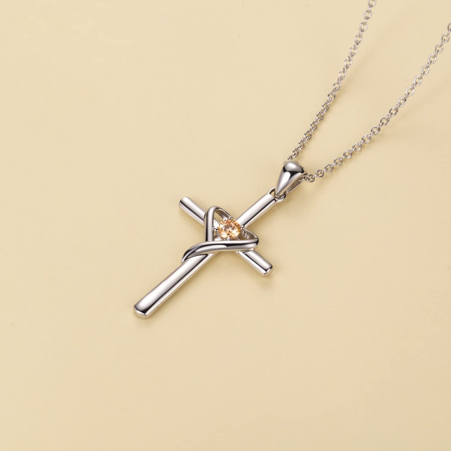 AmorAime 925 Sterling Silver Cross Necklace for Women Men 14K Gold Plated 5A CZ Birthstone Necklaces for Holiday (K.Orange-November-Topaz)