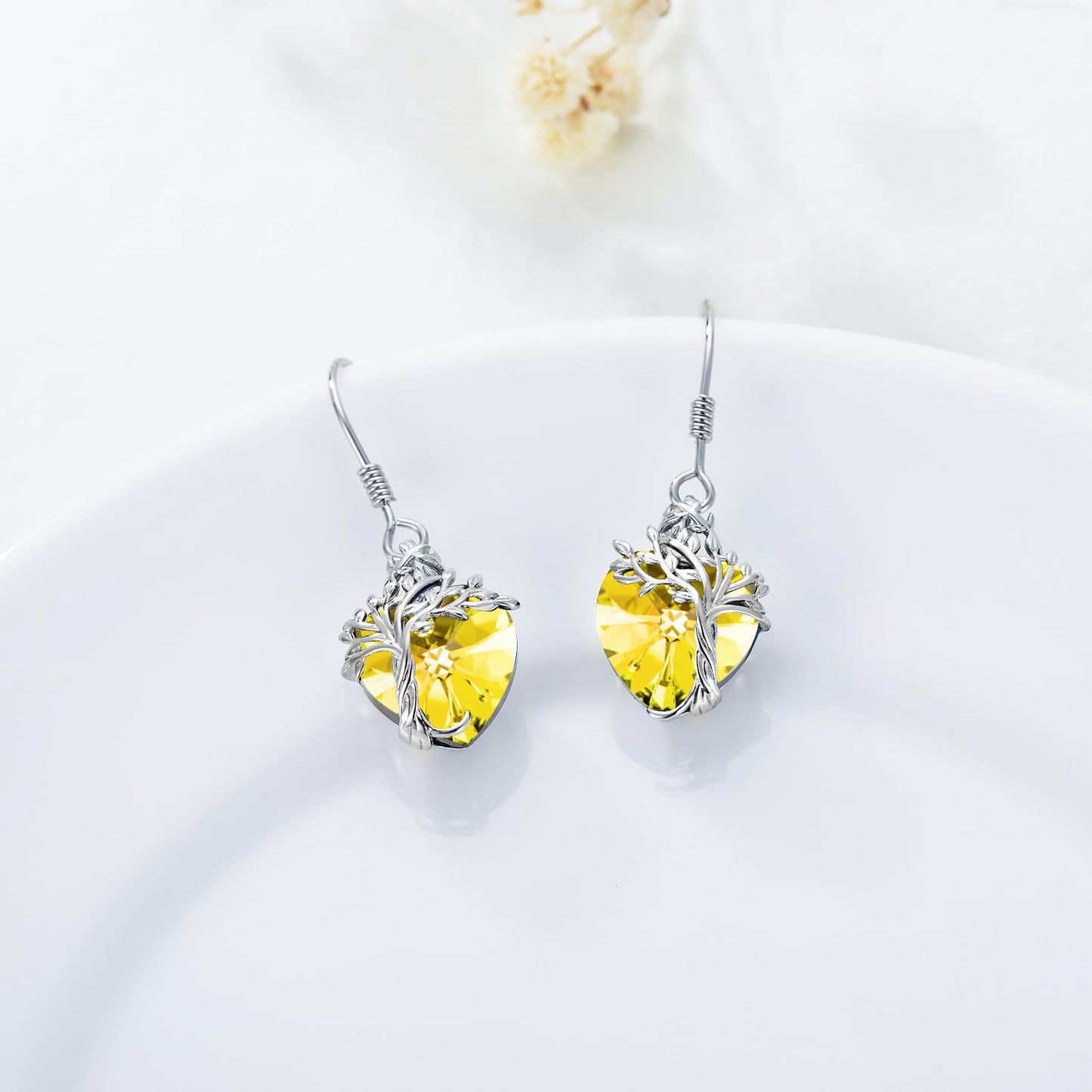 TOUPOP Heart Citrine Earrings Sterling Silver Tree of Life Earrings November Birthstone Jewelry Birthday Mothers Day Gifts for Women Mom Her