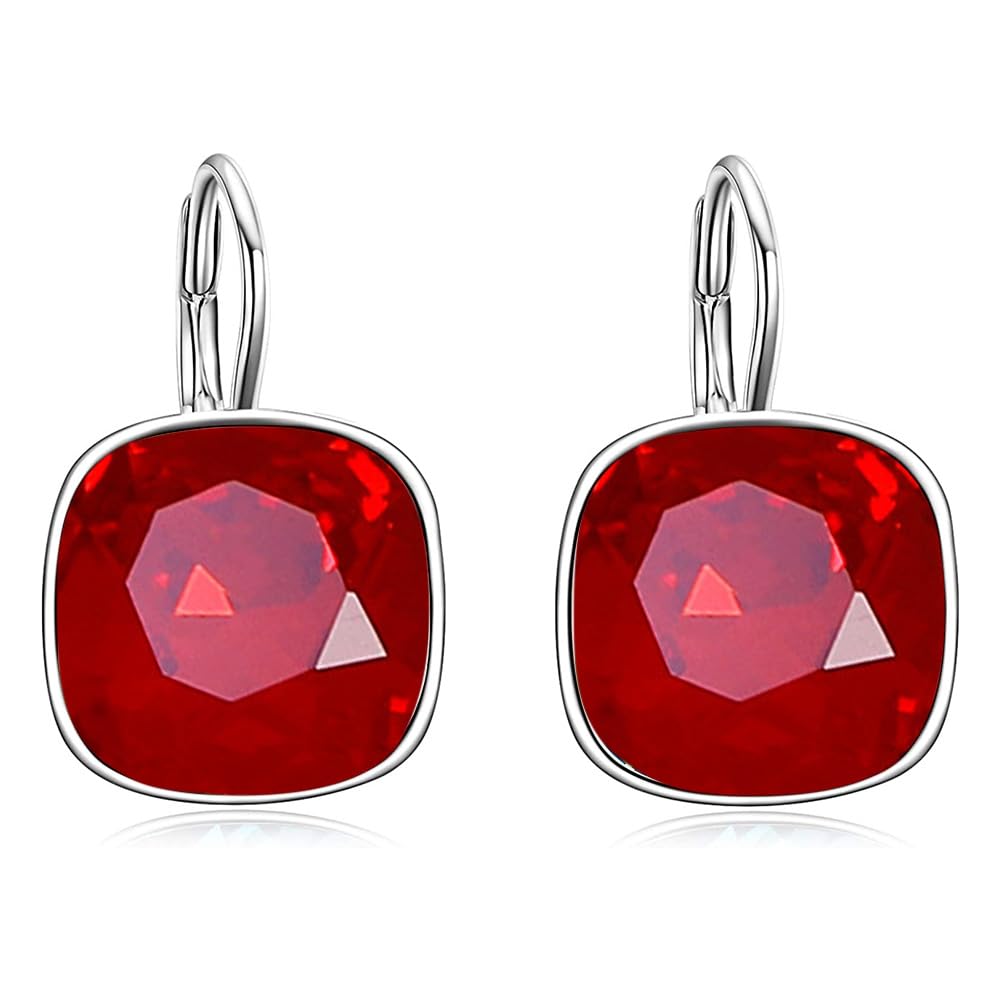 AOBOCO Sterling Silver Leverback Earrings Embellished with Crystals from Austria, Hypoallergenic Cushion Cut Square Crystal Earrings, Fine Anniversary Birthday Jewelry Gifts for Women (Burgundy)