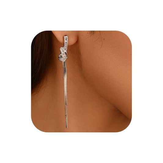 18K Gold/Silver Plated Dangle Earrings for Women Sparkly Rhinestone Long Tassel Dangle Earrings Dainty Long Hanging Chain Earrings Wedding Party Prom Earrings (Silver)
