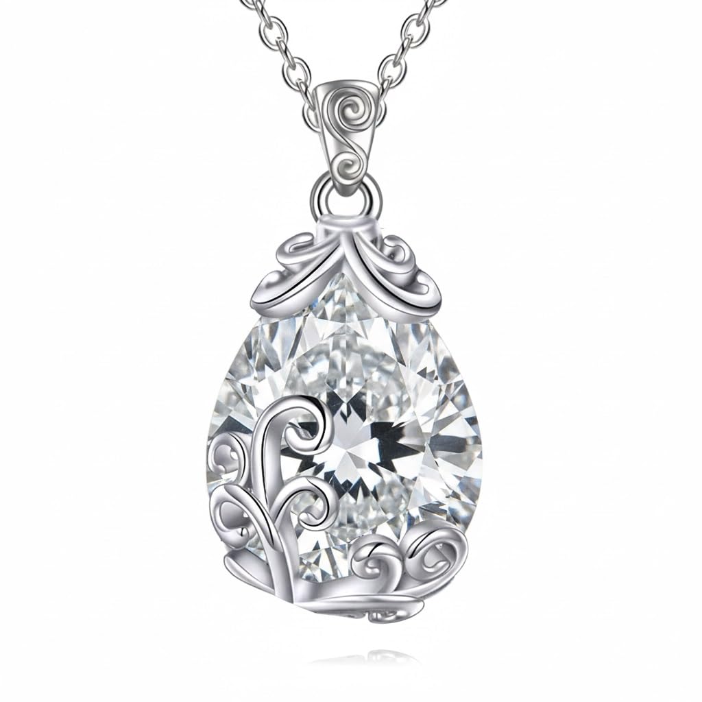 POPLYKE Sterling Silver Birthstone Filigree Teardrop Necklace Filigree Pendant Jewelry Gifts for Women
