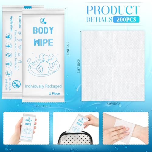 Timgle 200 Pcs Deodorant Body Wipes Individually Wrapped Bath for Adults Face Hand Body Wipes Pearl Pattern Wet Shower with Aloe Bathing Disposable Cleansing for Travel Gym Travel