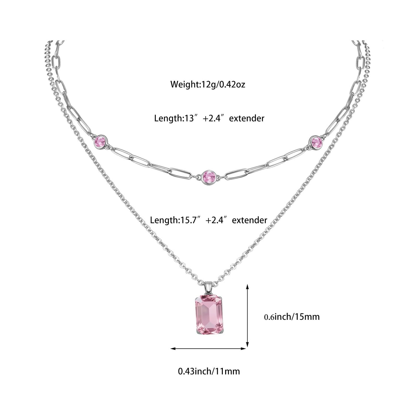 VANGETIMI Pink and Silver Layered Pendant Necklaces for Women Silver Plated Crystal Choker Necklace Paperclip Rhinestone Necklace Party Prom Jewelry