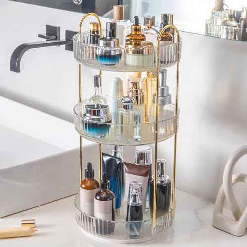 360¡Æ Rotating Makeup Organizer, Bathroom Make Up Spinning Holder Rack, Large Capacity Cosmetics Storage Vanity Shelf Countertop, Fits Cosmetics, Perfume, Skincare, Lipsticks(3 Tiers, Clear)