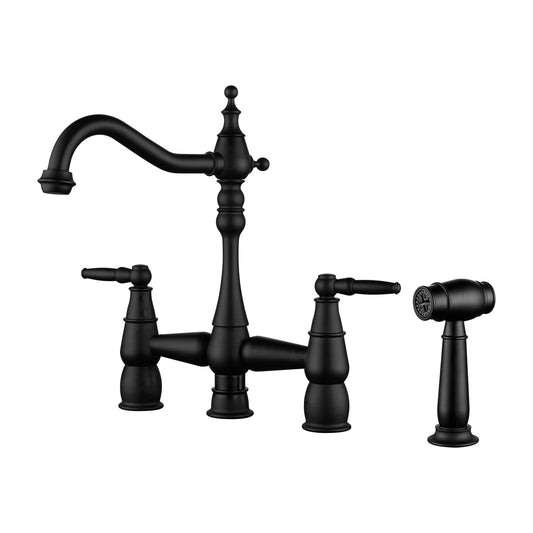 ALEASHA Bridge Centerset Kitchen Sink Faucet, Deck Mount Brass Kitchen Faucet with Side Sprayer, 2 Handle 4 Hole 360° Swivel Vintage Farmhouse Copper Faucet, Matte Black