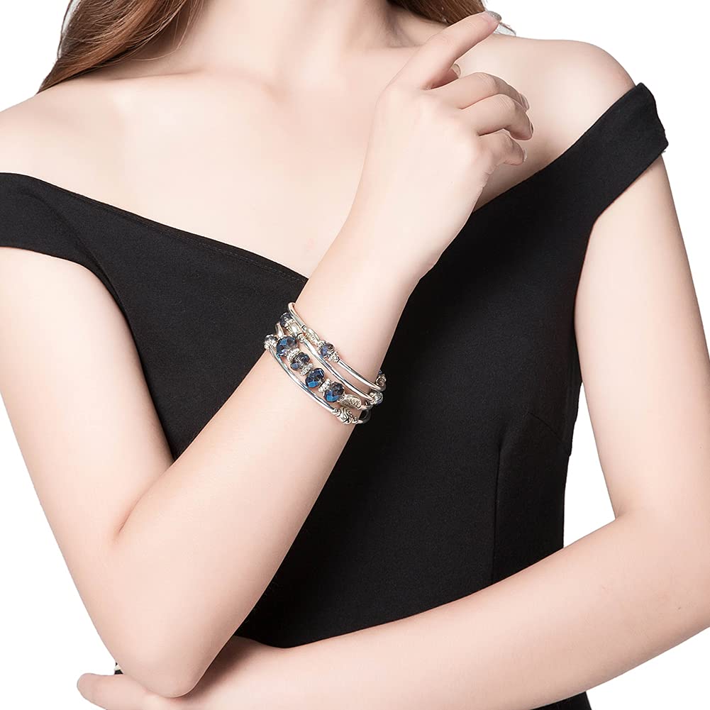 PEARL&CLUB Bead Crystal Wrap Bangle Bracelet - Fashion Jewelry Beaded Bracelet with Silver Metal, Gifts for Women(23-Transparent blue)