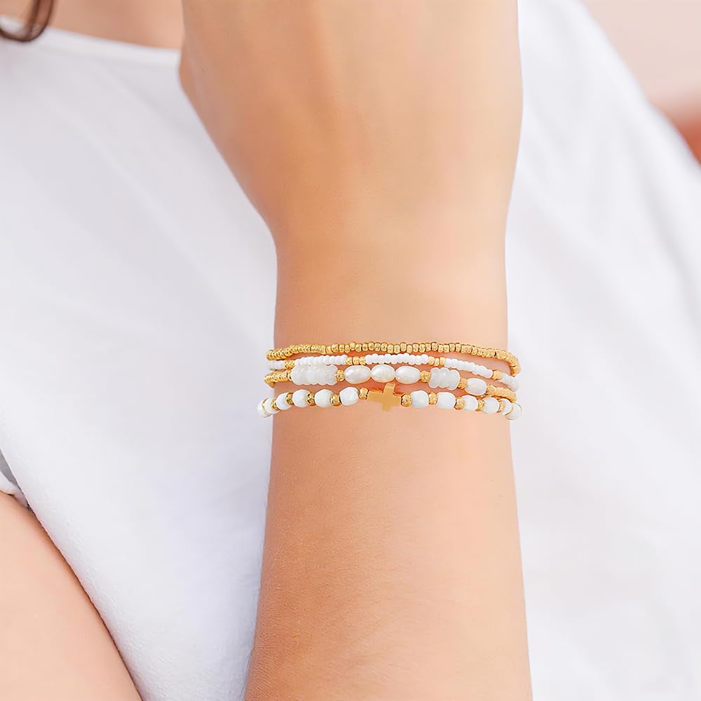 Bohxantium Gold Pearl Crystal Cross Bracelet for Women 14K Gold Plated Beads Pearl White Crystal Beaded Bracelet Stack Stretch Stackable Non Tarnish Trendy Jewelry Friendship Christian Gift for Women