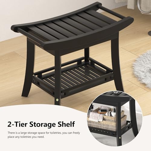 Bamboo Shower Bench Chair Bathroom Shower Stool Seat for Inside Shower Bathtub with Storage Shelf Shower Foot Rest for Shaving Legs 25.2 x 13 x 19.2 Inches Black