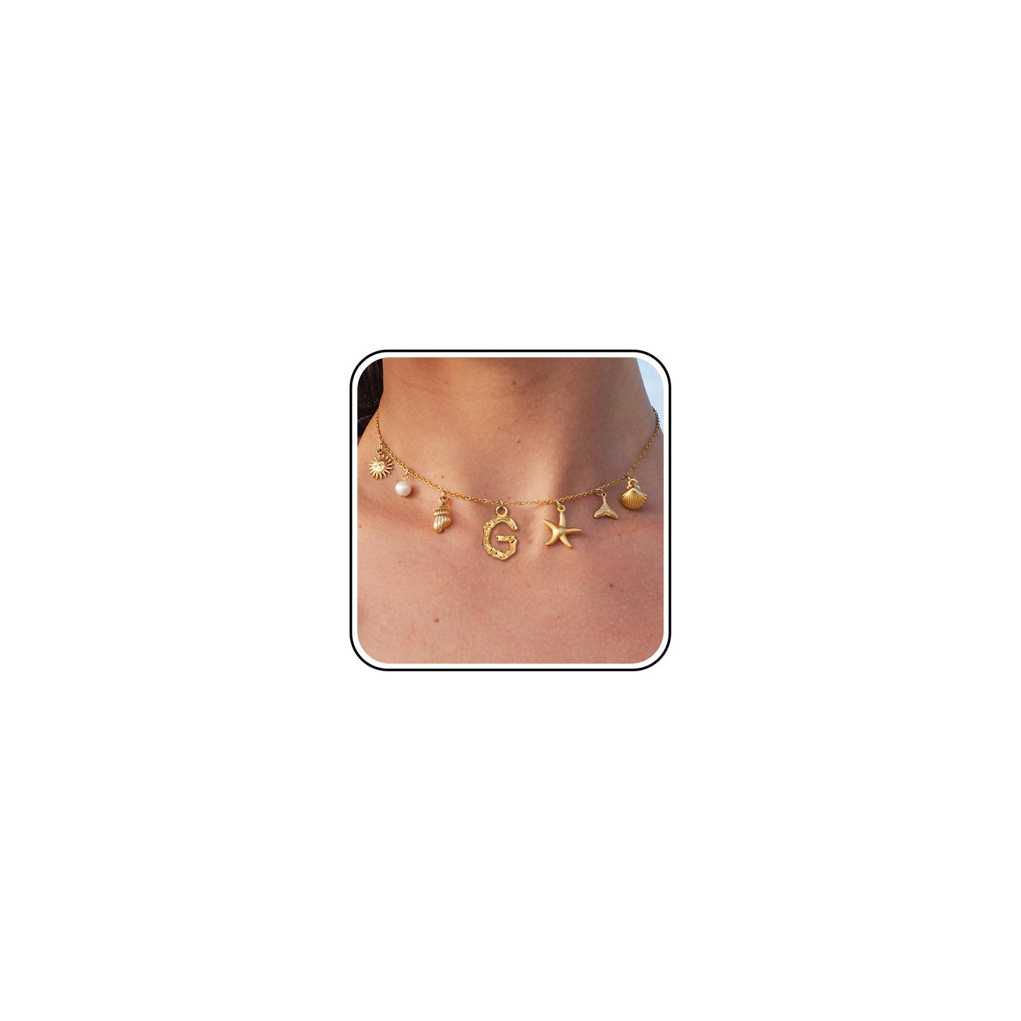 SLOONG Initial Charm Necklace 14K Gold Plated Letter Neckalce Freshwater Pearl Necklace Choker Boho Summer Seashell Beach Starfish Surfer Jewelry Gifts for Women G
