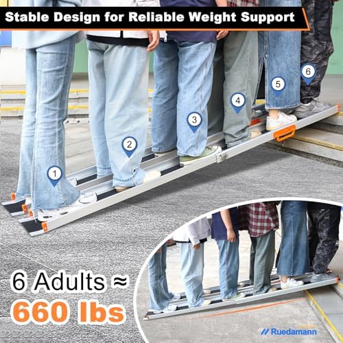 Ruedamann Portable Wheelchair Ramp, 8FT Adjustable Aluminum Ramp for Home, 600lbs Capacity,Telescoping Non-Skid Surface Wheel Chair Ramp for Home, Stairs, Steps