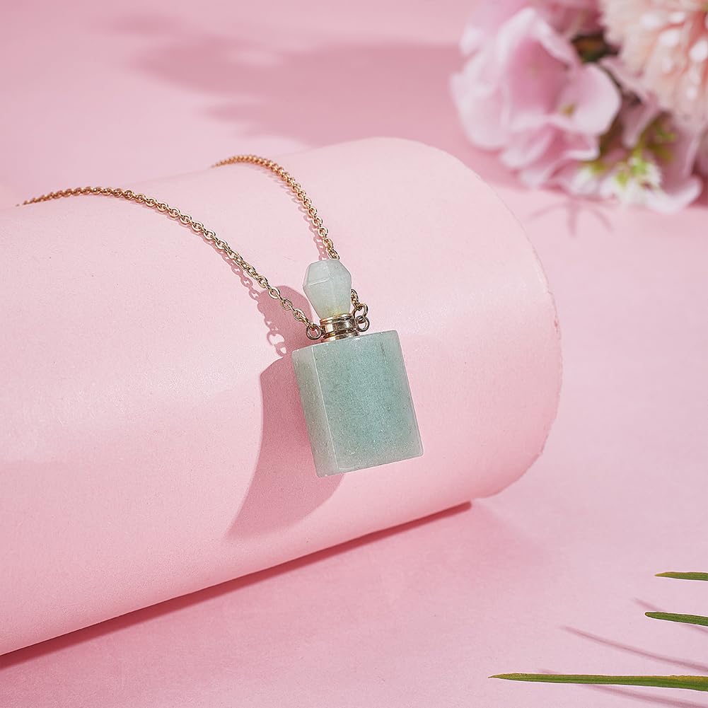 PH PandaHall Stone Essential Oil Necklace, Natural Green Aventurine Perfume Bottle Necklace Rectangle Crystal Perfume Vial Necklaces with Golden Chain for Women Jewelry, 1 Piece