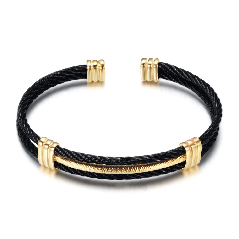 LXBQYSTO Cable Wire Twisted Cuff Bangle Bracelet For Women 14K Gold/rose/silver Stainless Steel Jewelry for Women Gift (Cuff-Black&Gold)