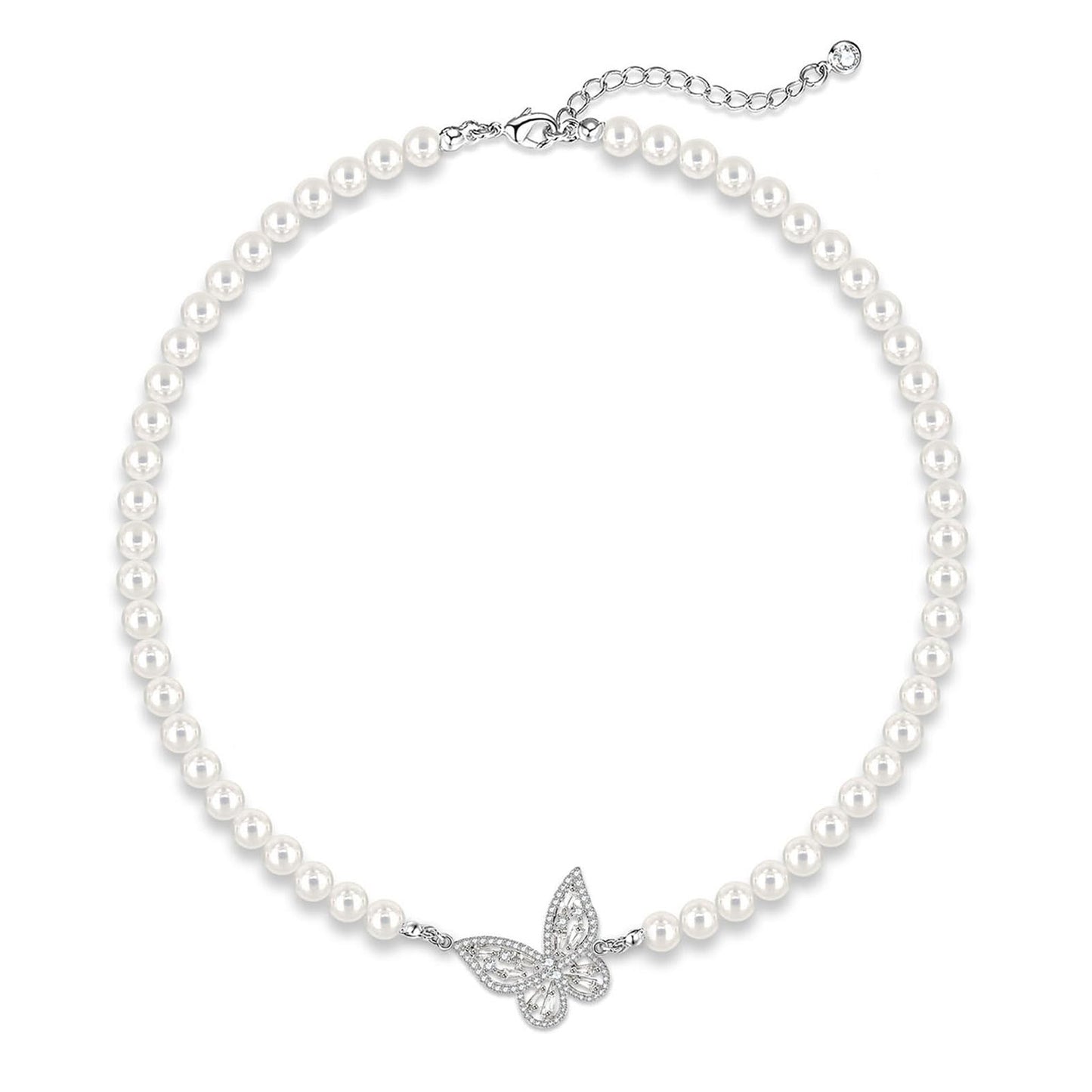Zeffy Bohemian Crystal Butterfly Pearl Necklace Sparkly Pearl Strand Necklace Rhinestone Butterfly Pearl Chain Jewelry for Women