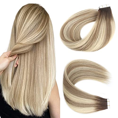 Lovrio Tape in Hair Extensions Human Hair Color Walnut Brown Roots to Light Chestnut Brown with Bleach Blonde 22 Inch 50g Real Hair Extensions Tape in Extensions 20pcs