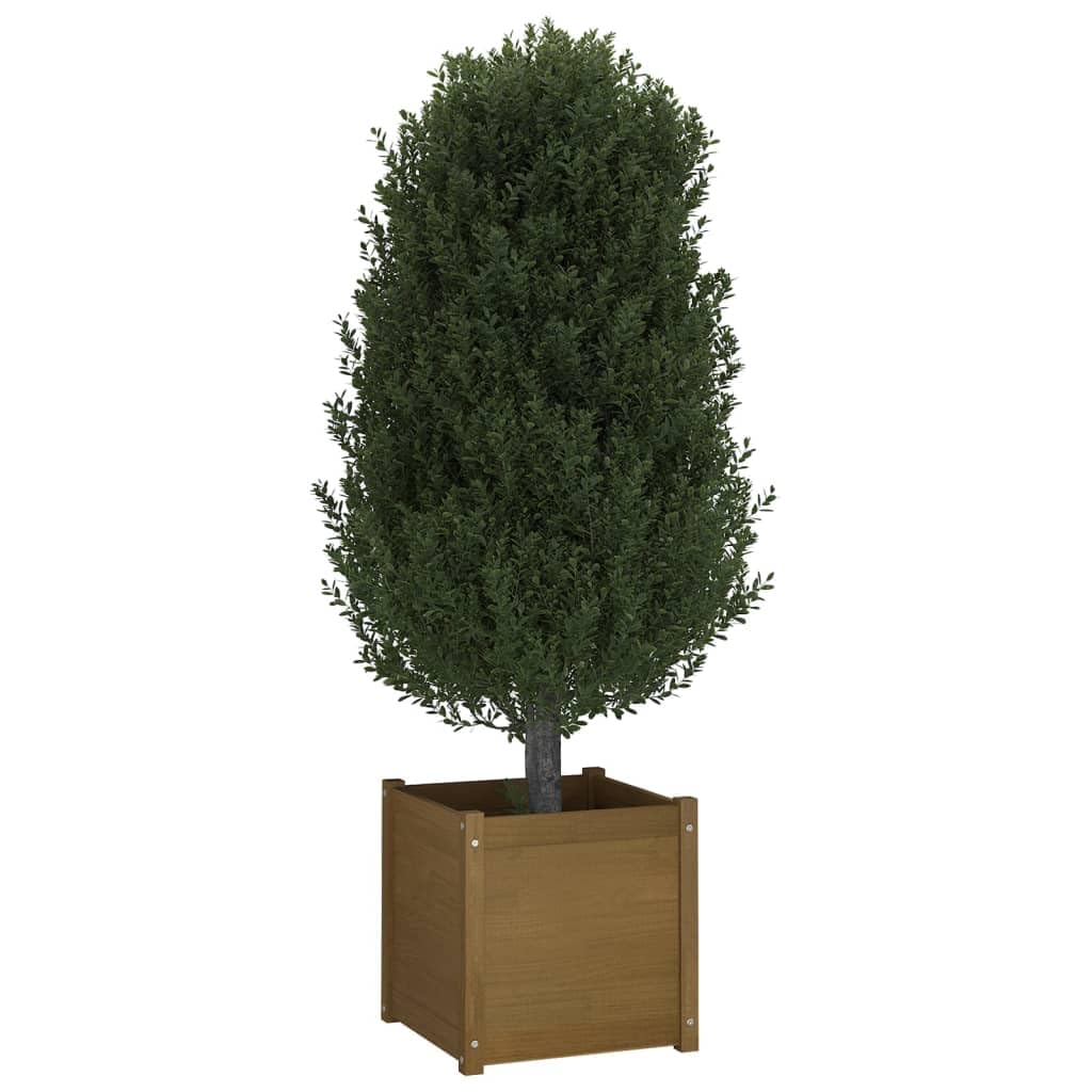 HFXHIJXQ Square Solid Pine Wood 19.7 in Honey Brown Outdoor Planter Box Rustic Garden Pot with Drainage for Flowers Herbs on Patio Terrace Balcony