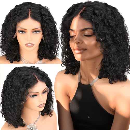 UREMY Bouncy Curly Wigs Human Hair, 13x4 Lace Front Burmese Curly Bob Wig for Black Women, Water Wave Pre Plucked Transparent Lace, Natural Black, 14 Inch, 180% Density