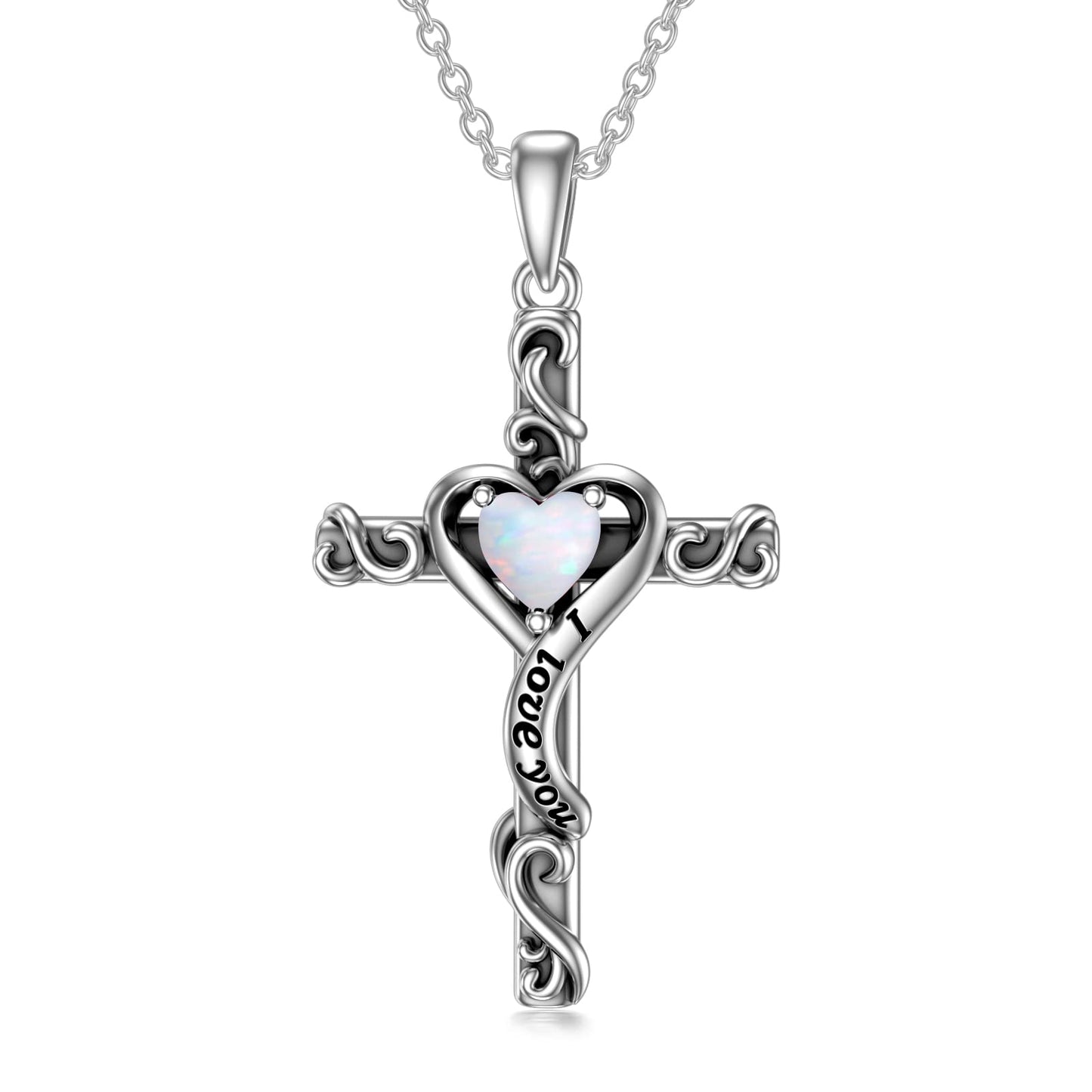 TOUPOP 925 Sterling Silver Cross Pendant Necklace with October Birthstone Opal Necklace Religious Jewelry Gifts for Women Teen Girls Mom, I Love You Gifts for Her, Sterling Silver, No Gemstone