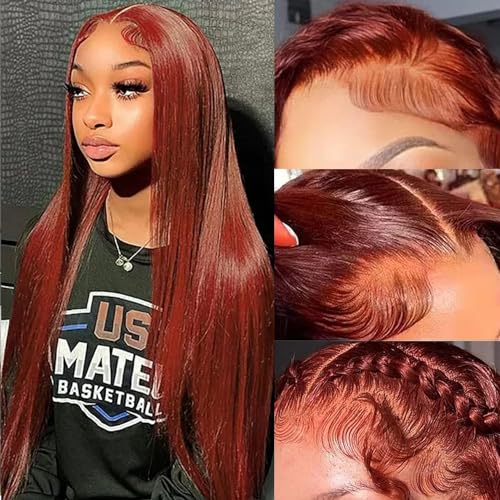 Reddish Brown Lace Front Wigs Human Hair 26inch 180% Density 13x4 Full Frontal Transparent Hd Lace Straight Lace Front Wig Human Hair Reddish Brown Colored Wigs For Black Women Frontal Wig Human Hair