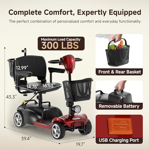 iScooter X02 Pro Mobility Scooter, 20Miles Long Range 4 Wheels Electric Mobility Scooter for Seniors & Adults, Electric Wheelchair 300lbs with Removable Battery, Dual Baskets, Crutch Holder, USB Port