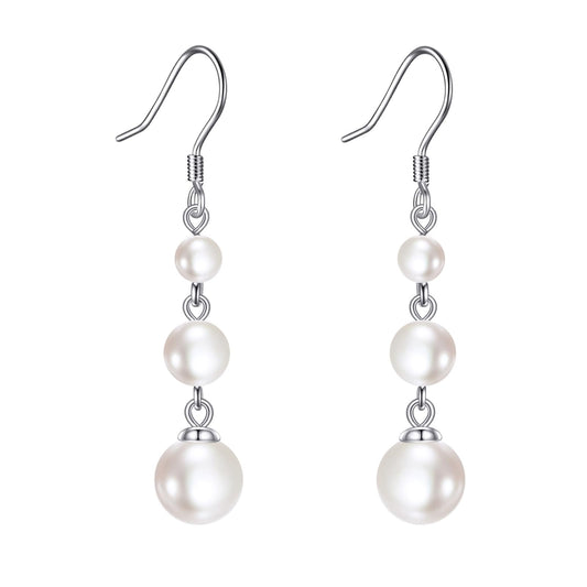 925 Sterling Silver Pearl Dangle Earrings Three Pearls Drop Jewelry Birthday Gifts for Women (Pearl)