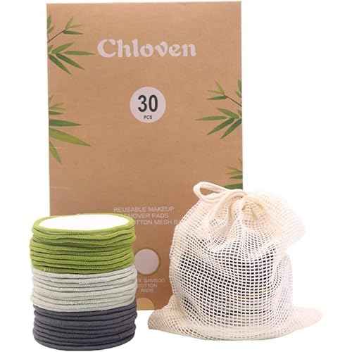 Chloven 30 Pack Reusable Makeup Remover Pads - Bamboo Cotton Rounds for Toner, Washable, Eco-Friendly for All Skin Types with Cotton Bag for Storage