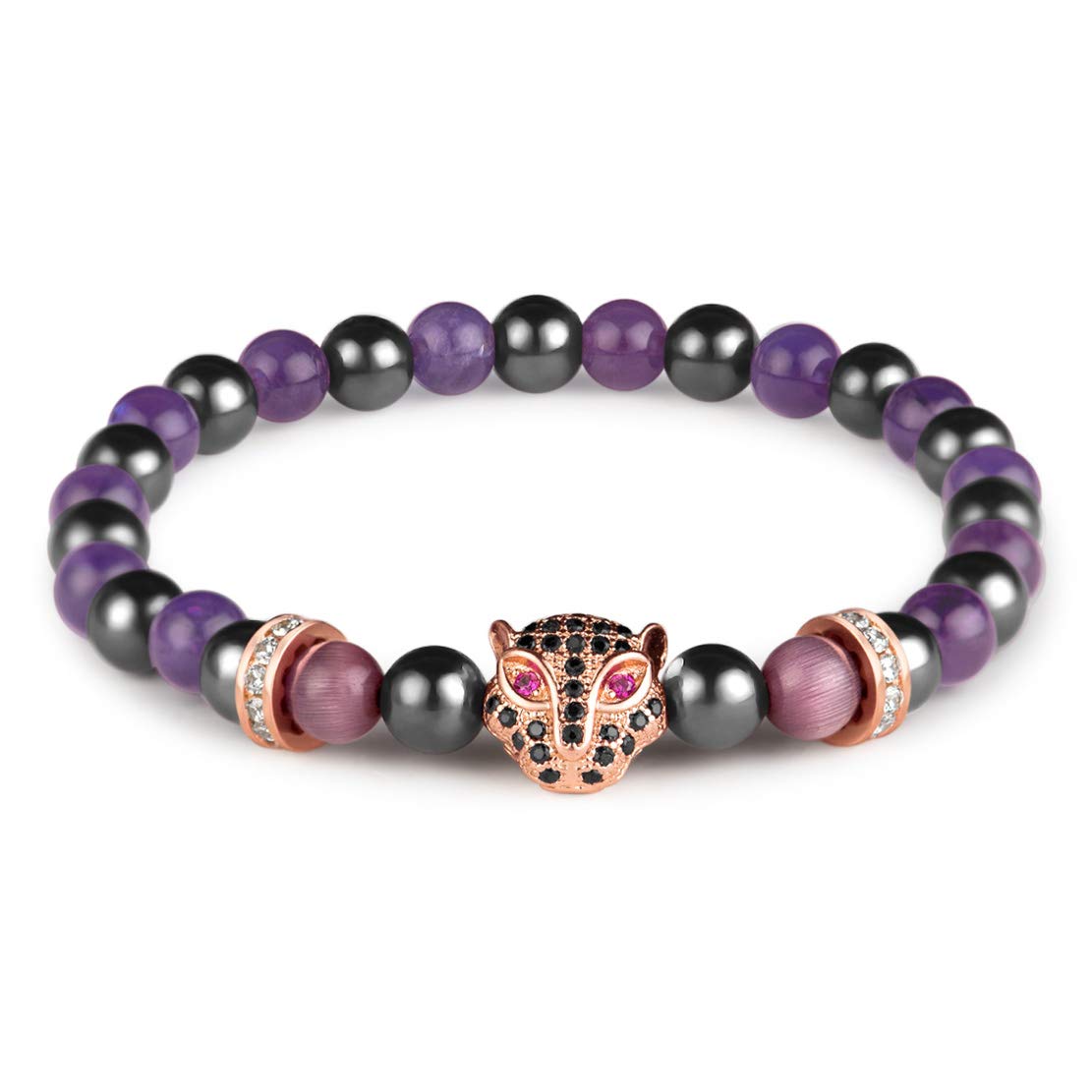 Karseer Womens Black Panther Gemstone Bracelet, 6MM Natural Crystal and Magnetic Energy Beaded Elastic Bracelet, Handmade Prayer Meditation Bracelet (Rose Gold)