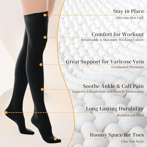 20-30mmhg Thigh High Compression Socks, Compression Stockings For Women & Men, Closed Toe Compression Socks For Varicose Veins,Edema,Beige Black