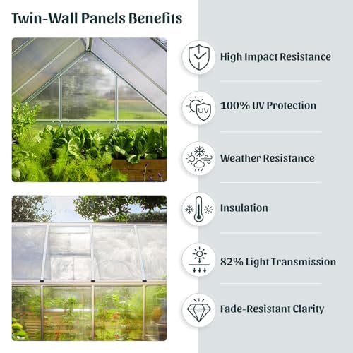 Palram - Canopia 6x10 Greenhouse Kit, Hobby Walk-In Twin-Wall UV Polycarbonate Heavy Duty Aluminum Frame, Lockable Door, Adjustable Roof Vent, Rain Gutters, Galvanized Steel Base, Mythos (Silver)