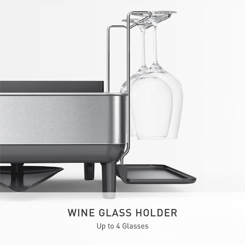 simplehuman Steel Frame Dishrack, Large Capacity Dish Drying Rack, 360º Easy Drain Swivel Spout, Utensil & Wine Glass Holder, Anti-Residue Coating, Moisture Control Surface, Brushed Stainless Steel