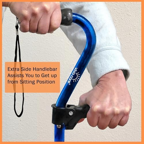 Walking Cane with 4 Prongs and Extra Side Handle – Adjustable, for Balance & Stability for Adults, Seniors, and Injured.