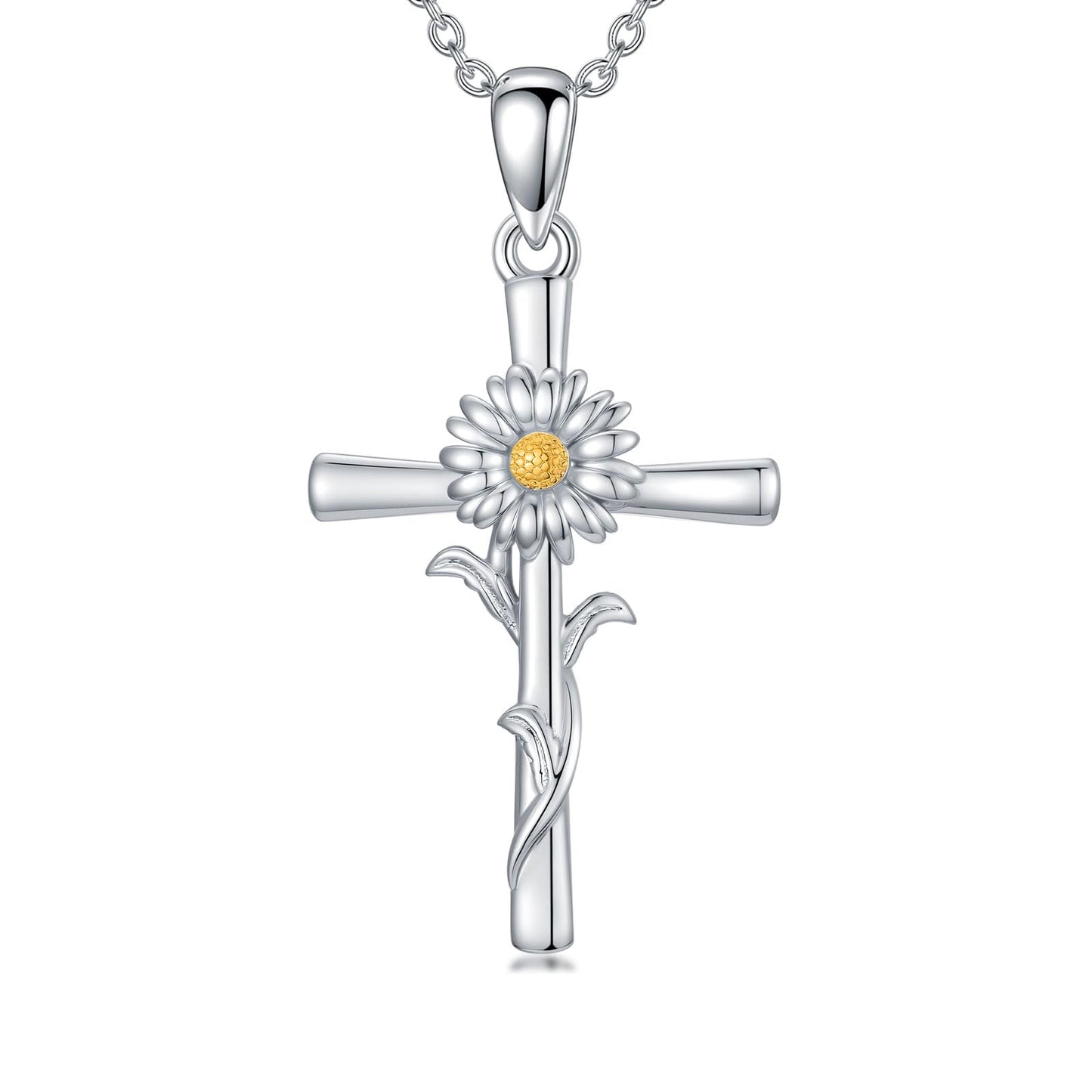 Cargari Daisy Cross Necklace 925 Sterling Silver Daisy Pendant Birth Flower Cross Necklace Jewelry Floral Gifts for Women