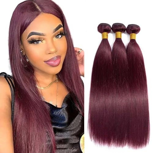 Brazilian Human Hair Bundles 26 28 30 Inch Burgundy 99J Straight Bundles Human Hair 100% Unprocessed 10A Quick Weave for Black Women Soft Sewn In with Double Weft
