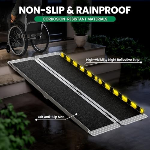 5 Feet Portable Wheelchair Ramp, 600 LBS Capacity Folding Aluminum Threshold Ramp with Anti-Slip Surface, Mobility Access Handicap Ramp for Home Steps, Doorway, Stairs, Doorways, Scooter