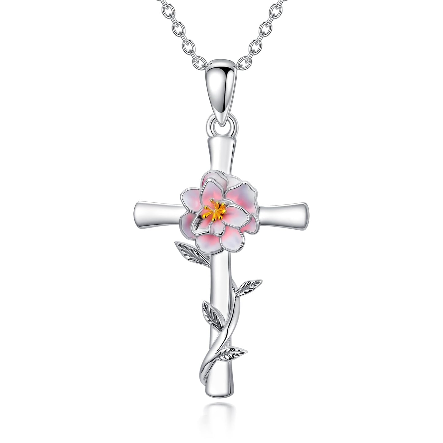 Cargari Peony Cross Necklace for Women 925 Sterling Silver Peony Flower Pendant Necklace Floral Jewelry Gift for Women