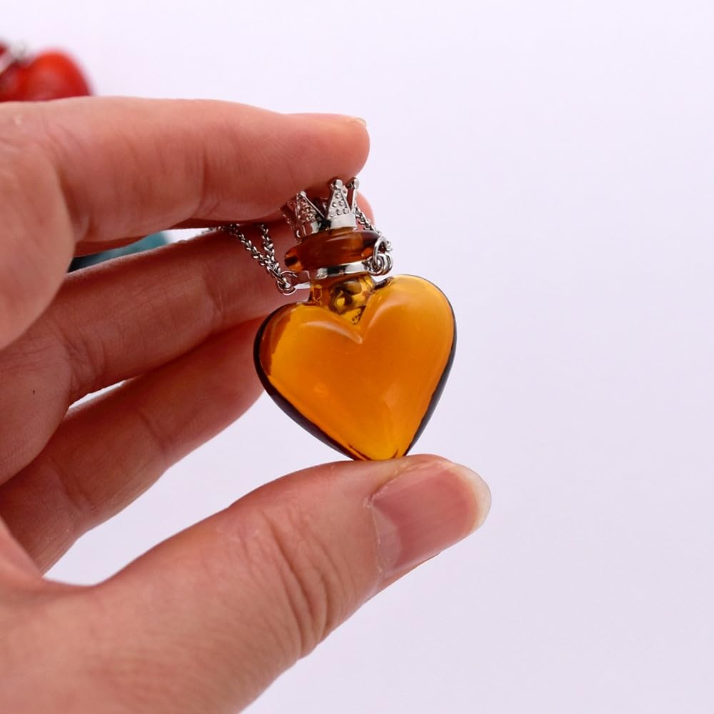 CoolDIY Glaze Glass Heart-Shaped Refillable Essential Oil Necklace Pendant - Aromatherapy Perfume Diffuser Pendant with Stainless Steel Chain (Pink)
