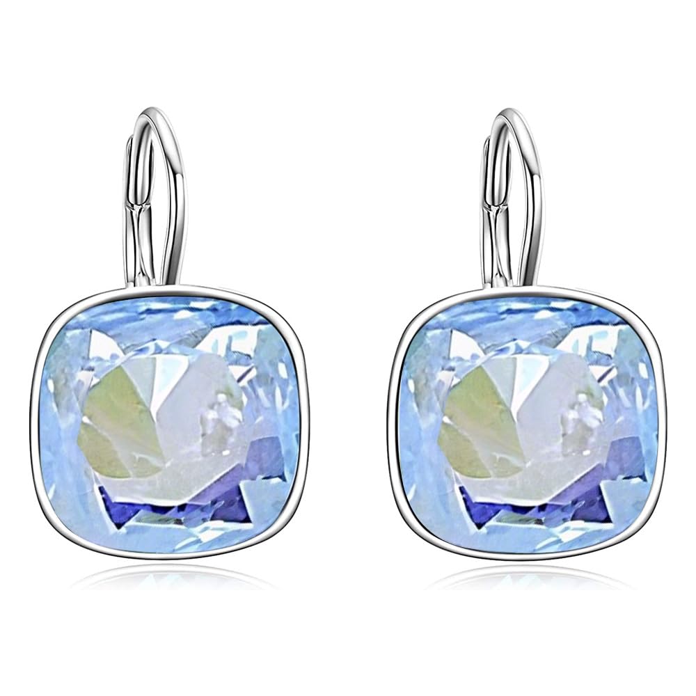 AOBOCO Sterling Silver Leverback Earrings Embellished with Crystals from Austria, Hypoallergenic Cushion Cut Square Crystal Earrings, Fine Anniversary Birthday Jewelry Gifts for Women (Fantasy Blue-10mm)