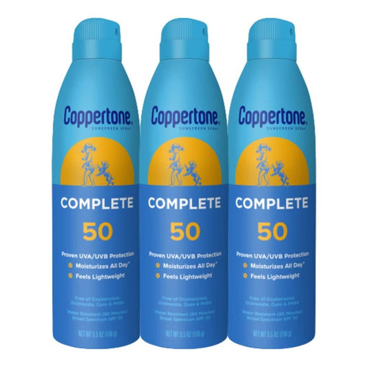 Coppertone Complete Sunscreen Spray SPF 50, Spray Sunscreen for Body, Lightweight, Water Resistant, 5.5 Oz, Pack of 3