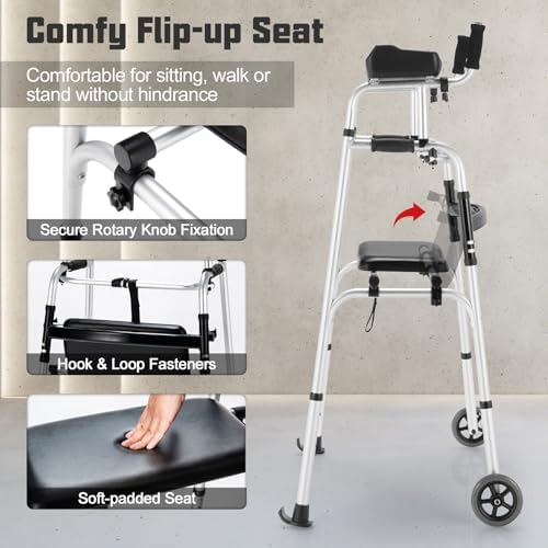 Folding Walkers for Seniors, Upright Walker with Seat, Removable Arm Support & 5" Wheels, Height Adjustable Platform Walker Mobility Aid for Elderly