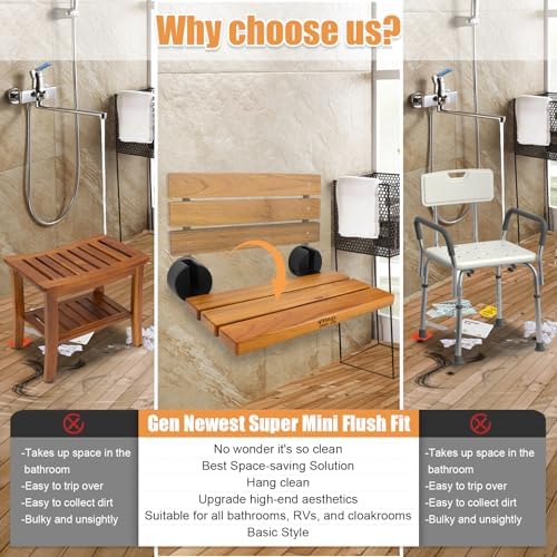 20 inchs Teak Folding Shower Seat Wall Mounted,Fold Down Shower Bench for Small Shower Space, Home Care Teak Wood Stool for Inside Shower,Pregnants-Maximum Load 440lb,for Elderly, Adults
