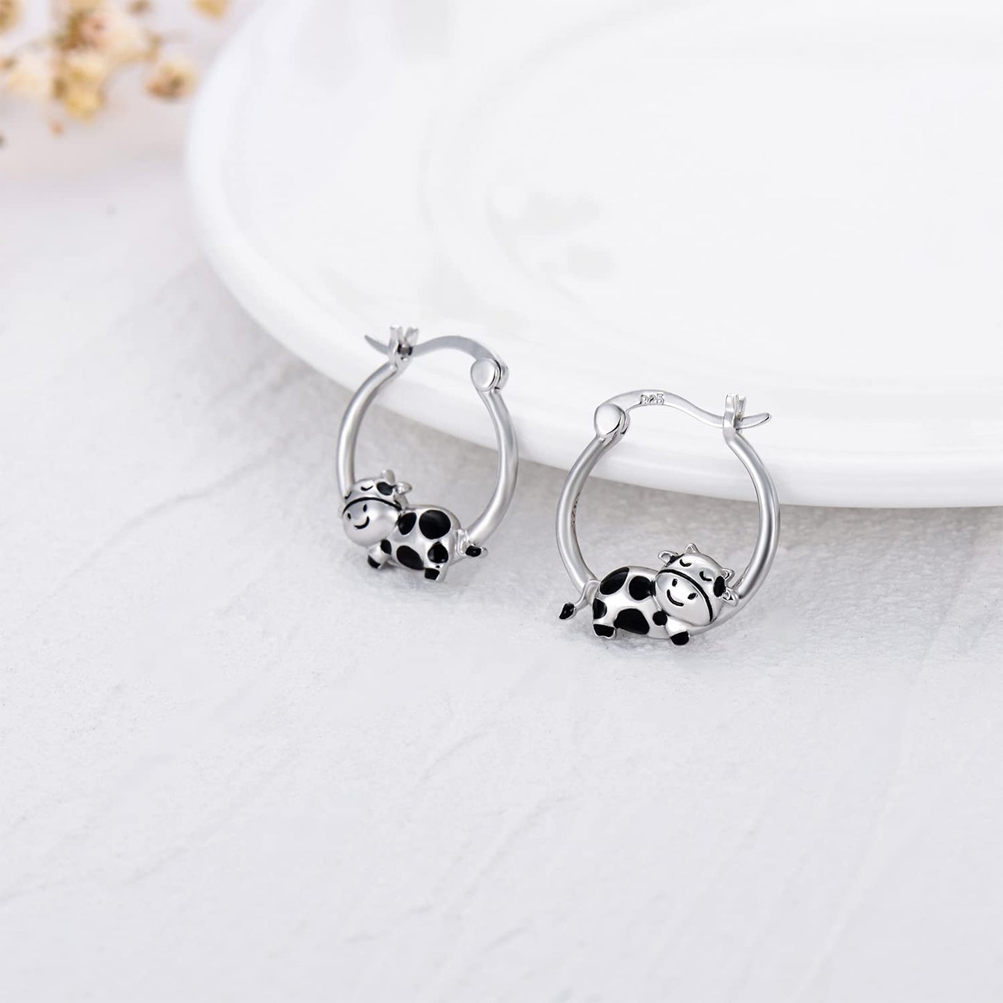Cow Earrings for Women Girls 925 Sterling Silver Cute Animal Cow Huggie Hoop Earrings for Sensitive Ears Milk Cow Jewelry Graduation Gifts for Women Daughter Her