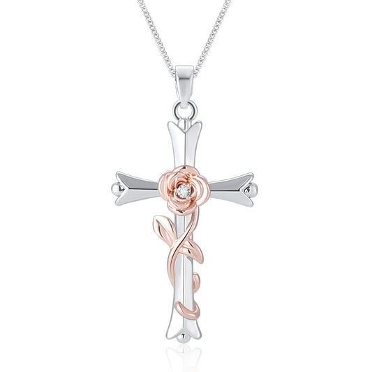 ACECHA Silver Cross Necklace for Women, Dainty Faith Cross Pendant Necklaces with Rose Jewelry for Mom Wife Daughter Sister | Gifts for Birthday Anniversary Christmas Easter(Rose-Love)
