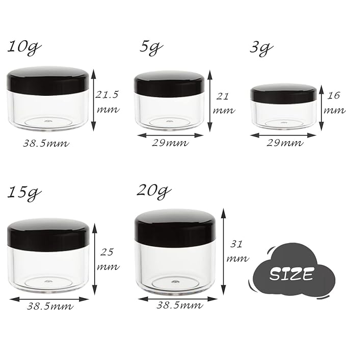 10pcs Small Travel Containers, Black Sample Jars with Screw Lids, 5 Size 3/5/10/15/20 Gram, 12pcs Labels and 2pcs Mini Disposable Spatula, Makeup Sample Containers BPA Free